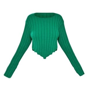 New Prettylittlething Green Ribbed Crew Neck Sweater Dip Hem Size XL NWT‎